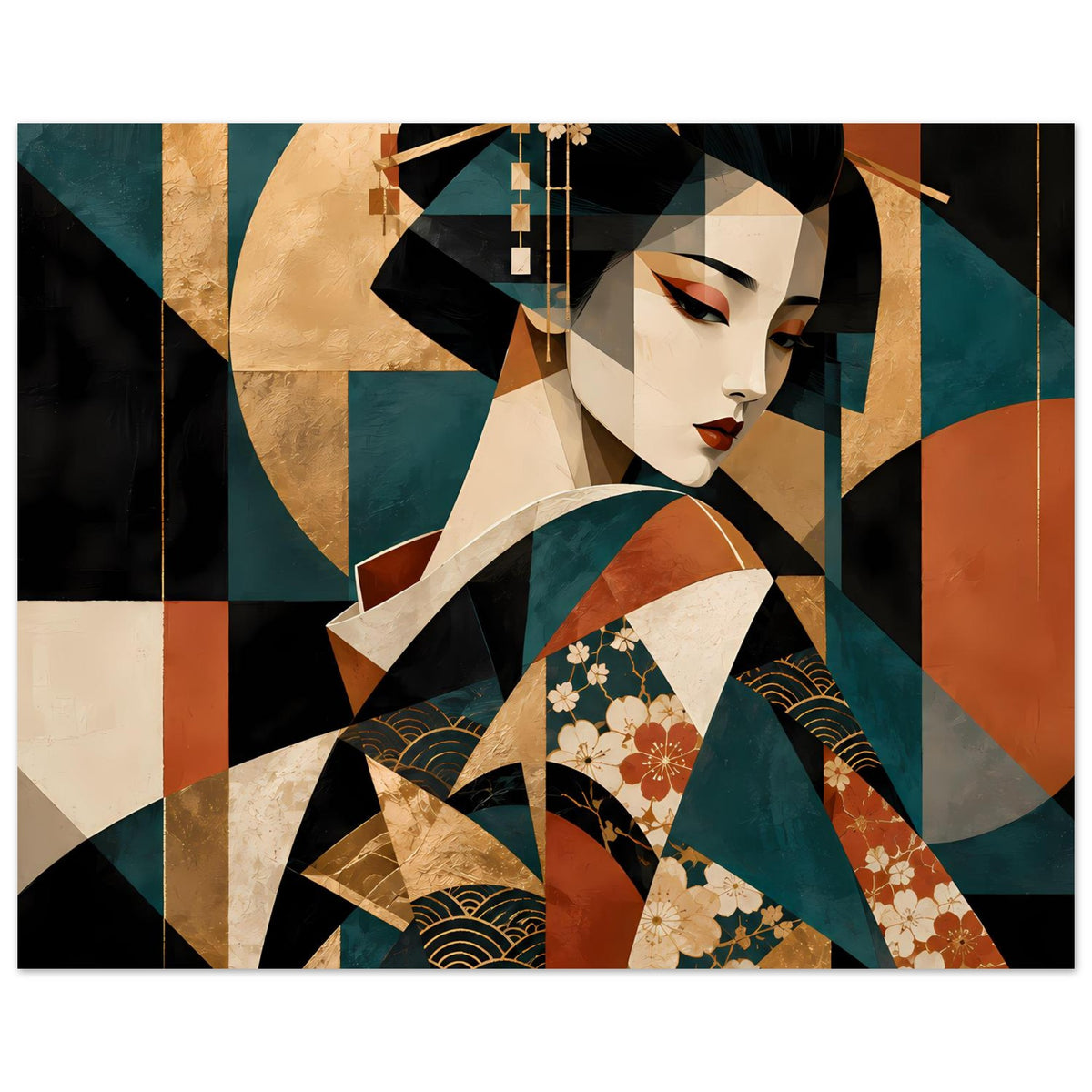Geisha-Kunstposter im Querformat: Kimono-Details mit Blüten und geometrischen Farbflächen