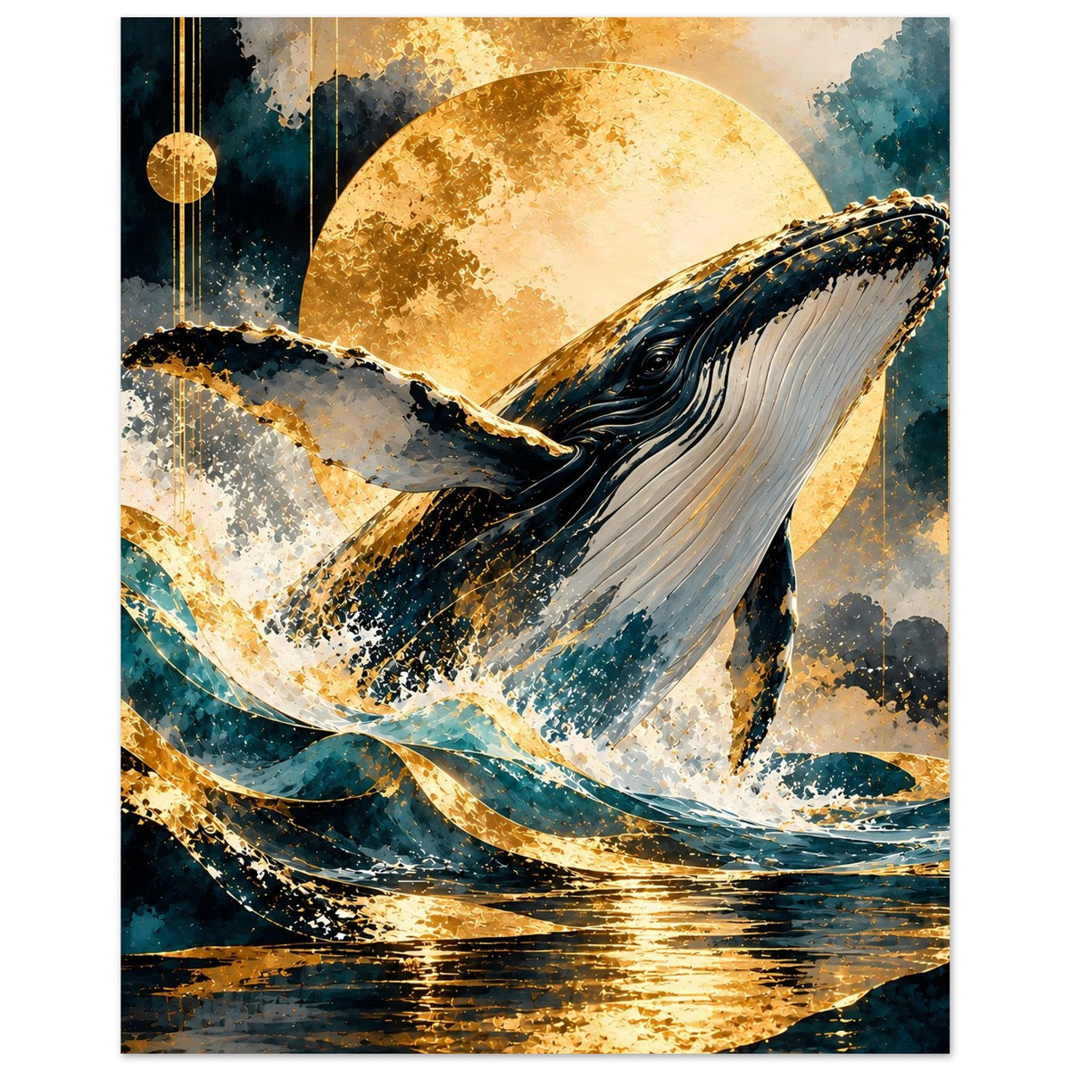 Poster mit Buckelwal im goldenen Mondlicht, ausgebreitete Fluke und Sprühwasser