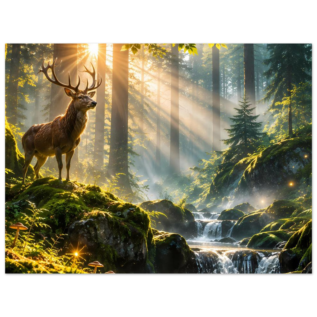 Wandposter mit Hirsch im Morgenwald, Sonnenstrahlen durch Baumstämme, Wasserfall und goldene Glanzlichter