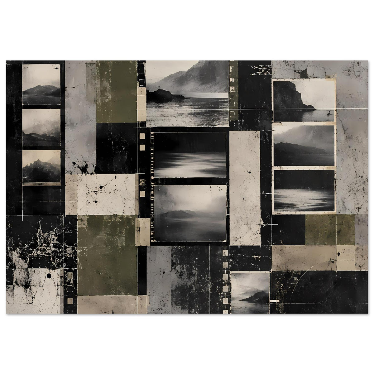 Abstraktes Vintage-Landschafts-Poster, horizontal, schwarz-grau-beige, rechteckiges Raster