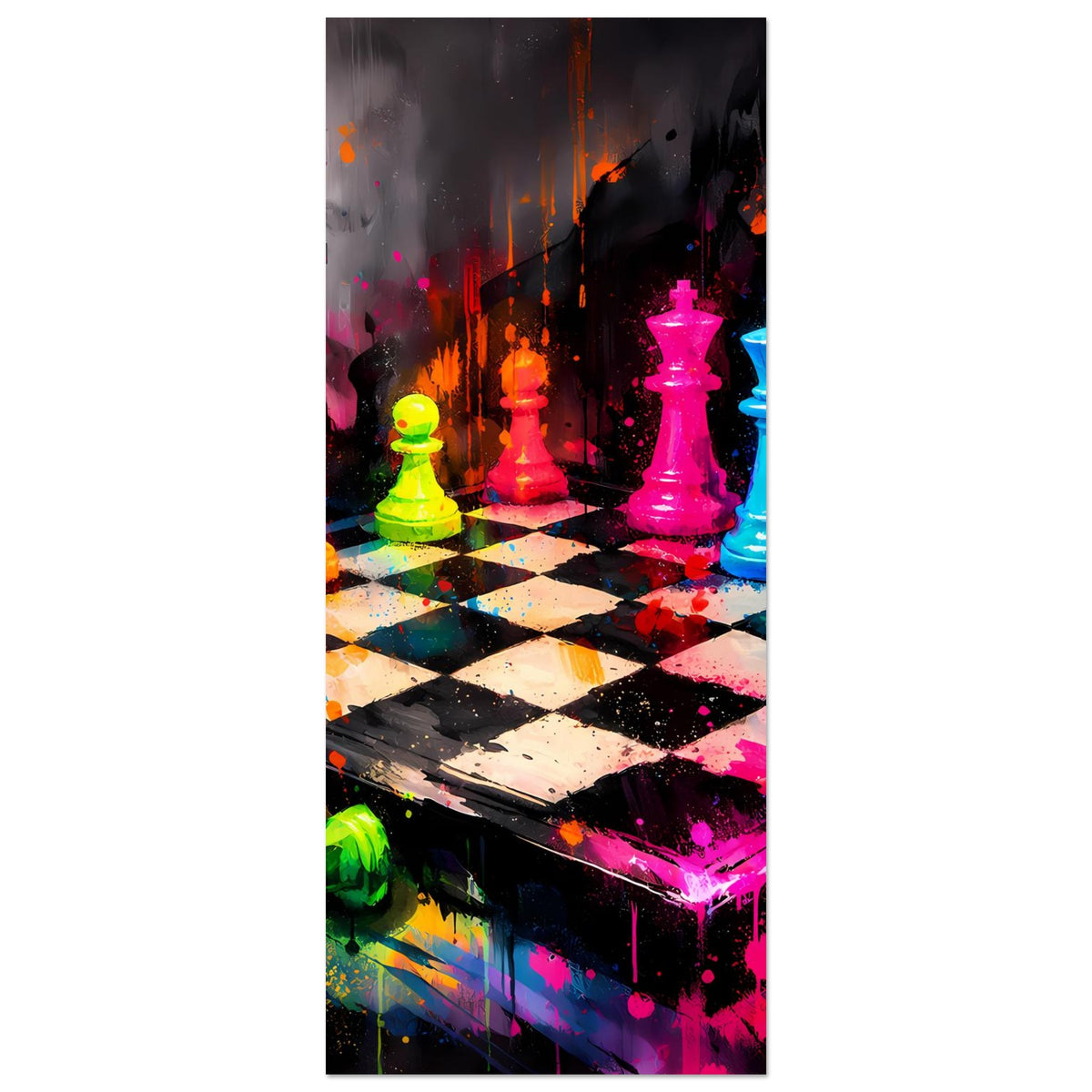 Hochformat-Poster mit Schachbrett und bunten Neon-Schachfiguren, Farbspritzern