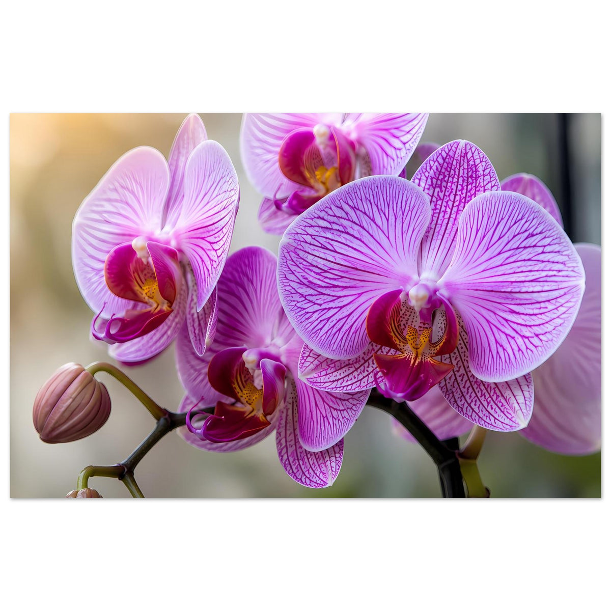 Orchideen-Poster in Panoramaansicht mit lila-pinken Orchideenblüten und Knospen
