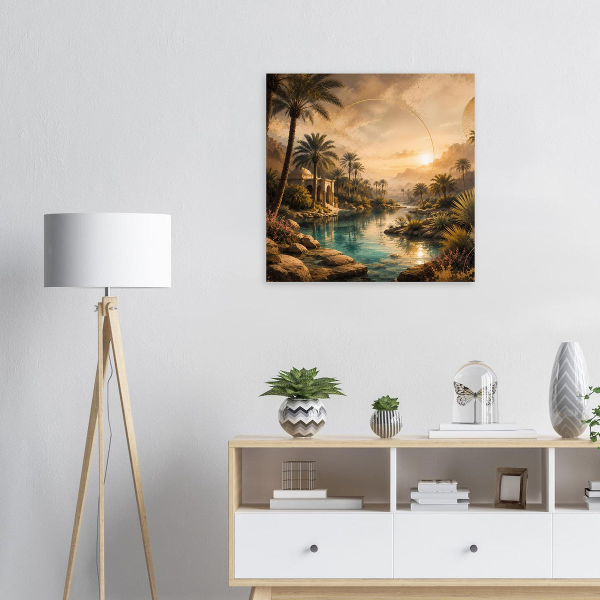Gerahmtes Wandposter mit Palmen und Fluss bei goldenem Sonnenaufgang