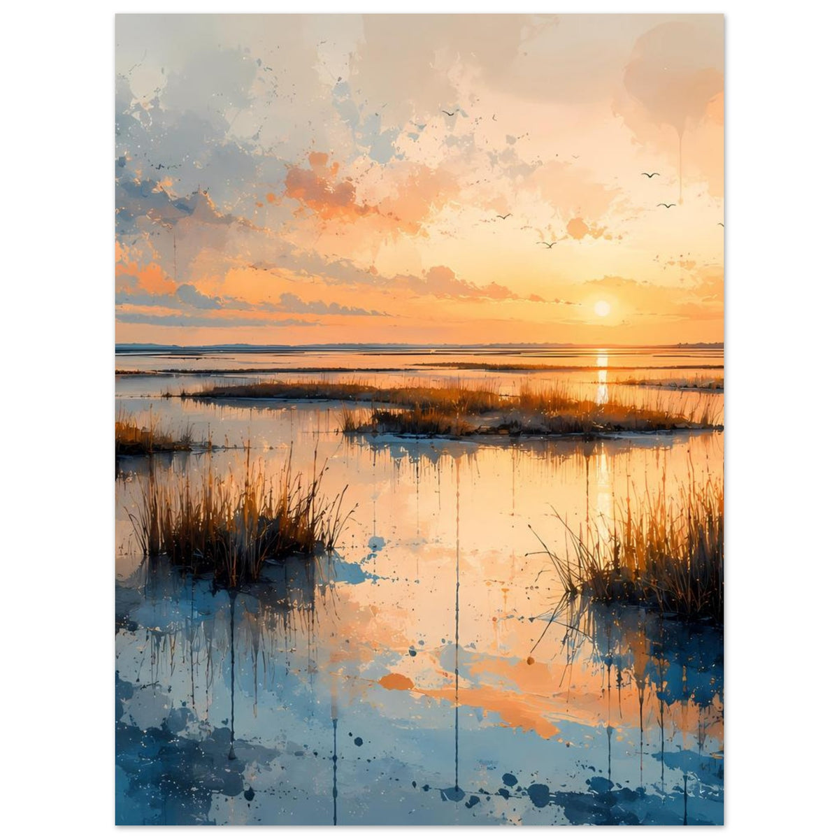 Küstenlandschafts-Poster mit warmem Sonnenuntergang, ruhig wirkendem See und Schilf am Ufer