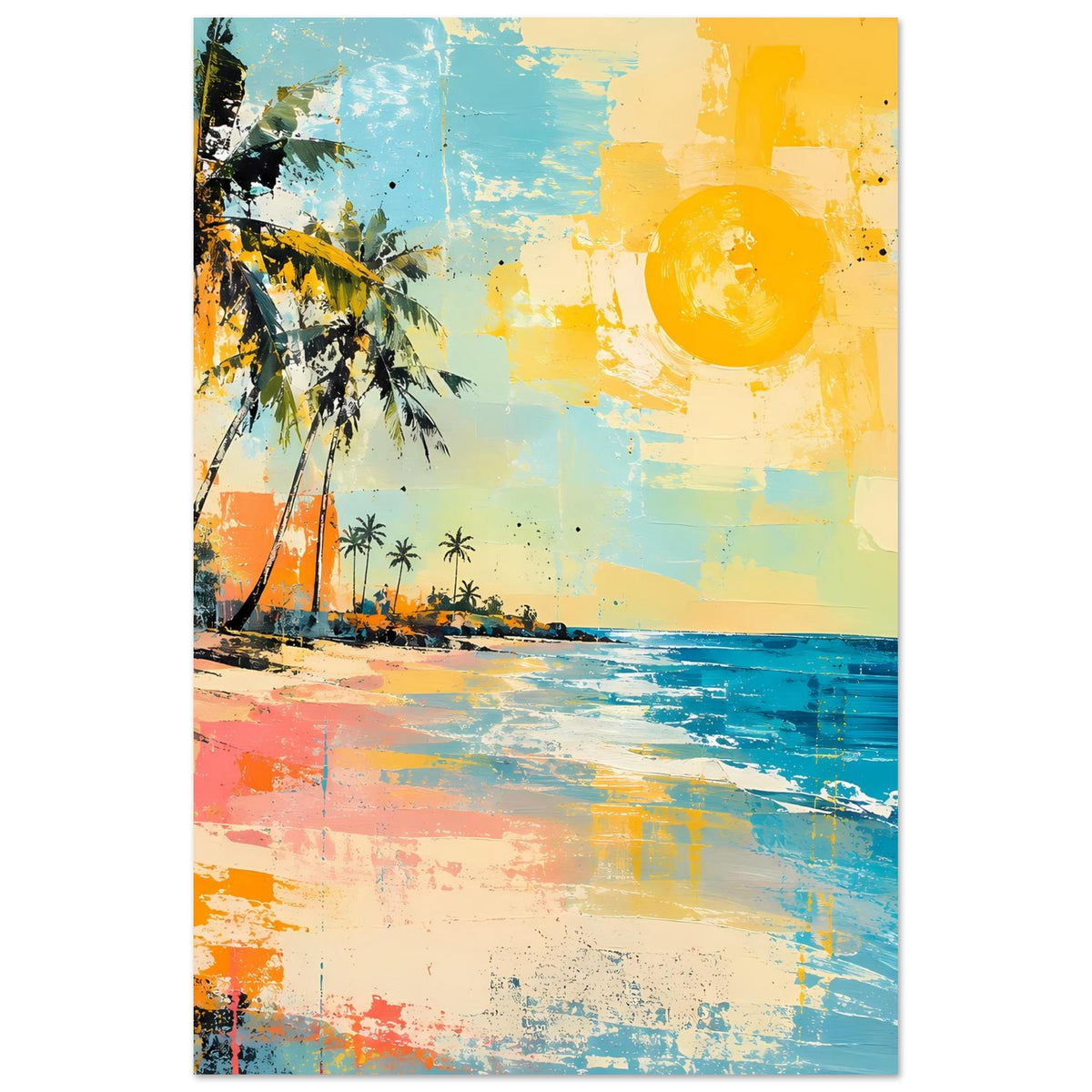 Tropisches Strand-Poster im Hochformat mit Palmen, gelber Sonne, türkisblauem Wasser und Orange