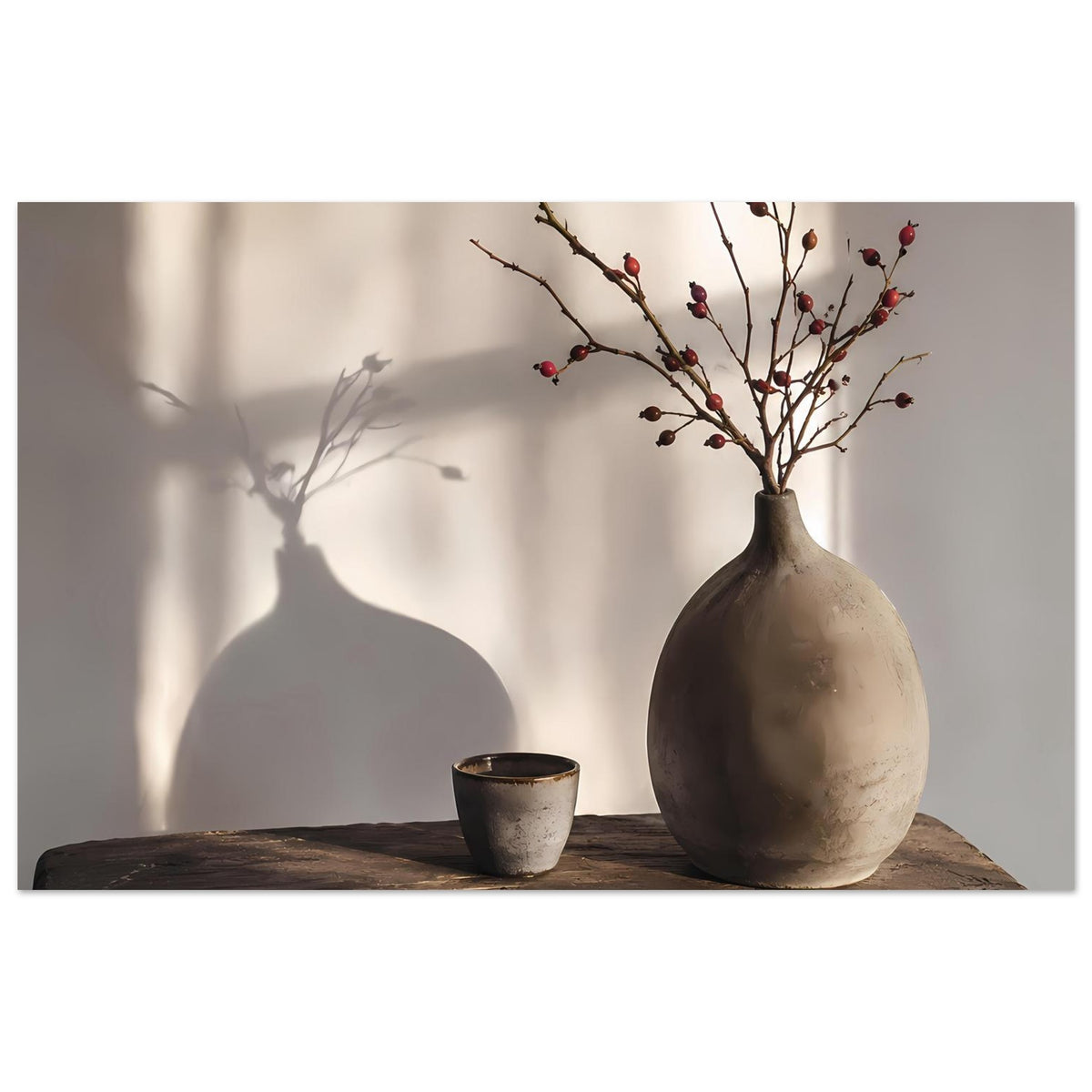 Stilllebenposter im Querformat mit beiger Vase, roten Beerenzweigen und Keramikbecher