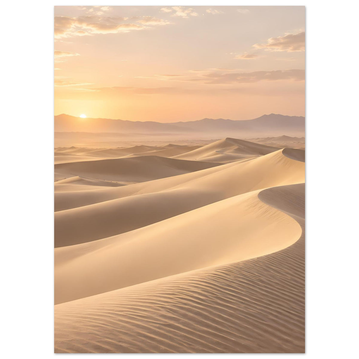Wüstenposter (hochkant) mit geneigten Sanddünen und goldener Lichtstimmung