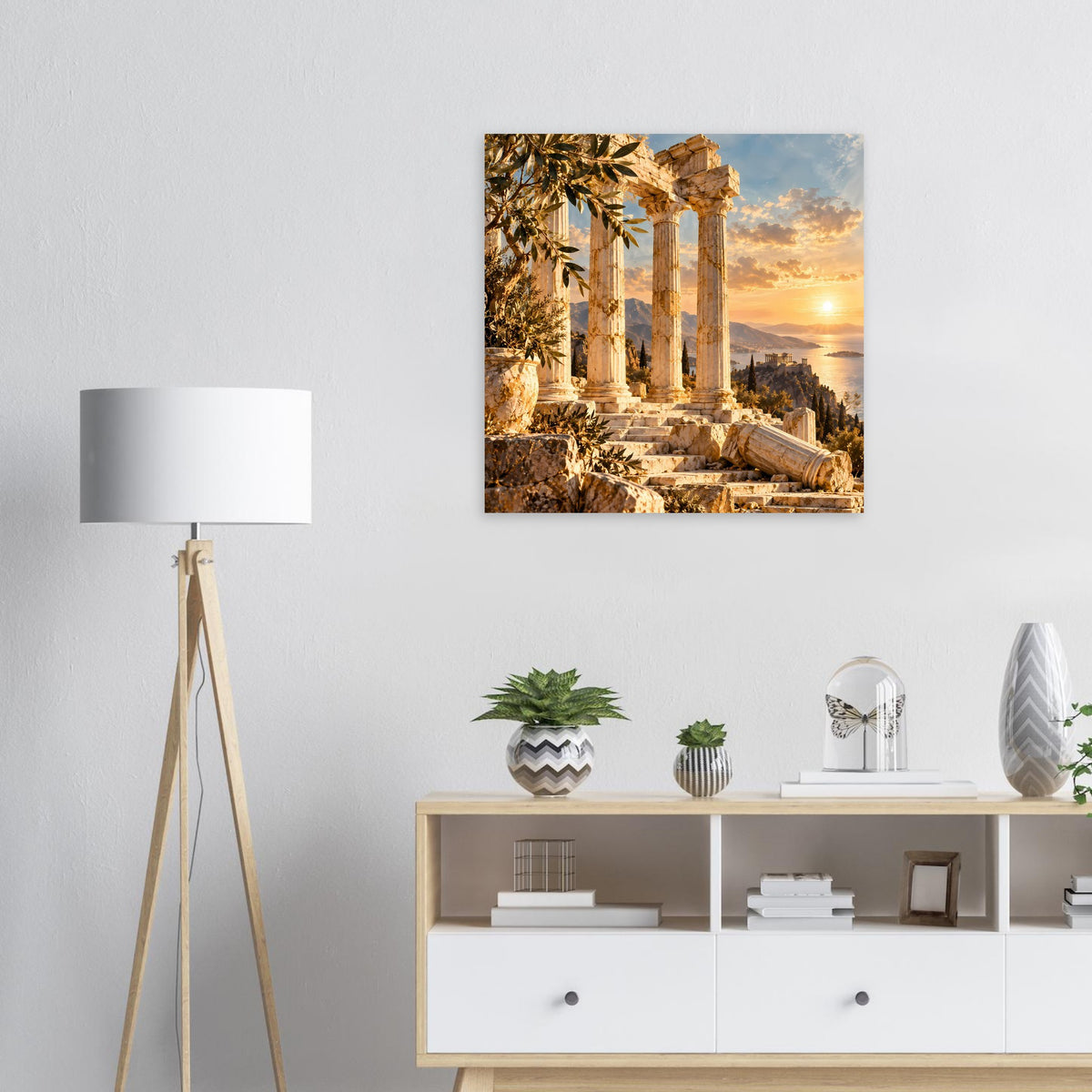 Poster mit antiken Ruinen zwischen Säulen bei Sonnenuntergang