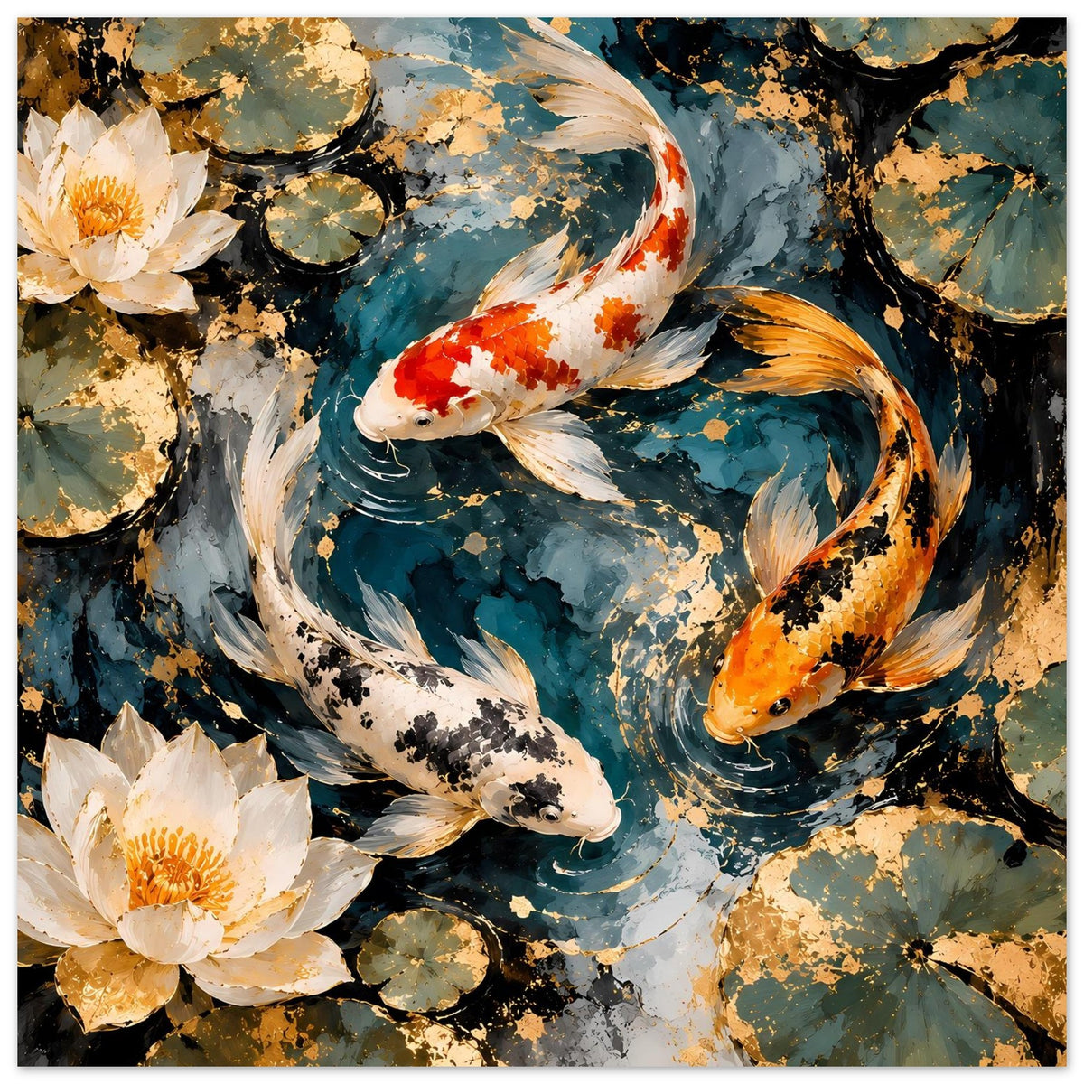 Koi-Pond-Kunstposter: goldener Koi, roter-weißer Koi und weiße Seerosen im Wasser