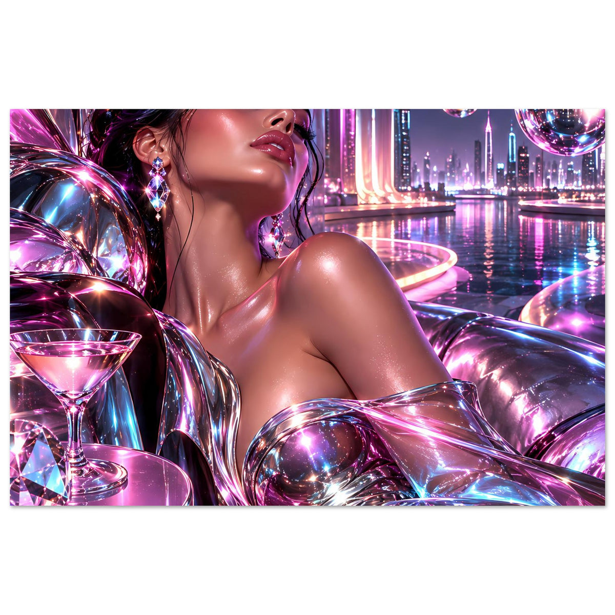 Neonfarbenes Horizontales Glamour-Poster: Frau, reflektierende Elemente und Stadtlichtspiegelung