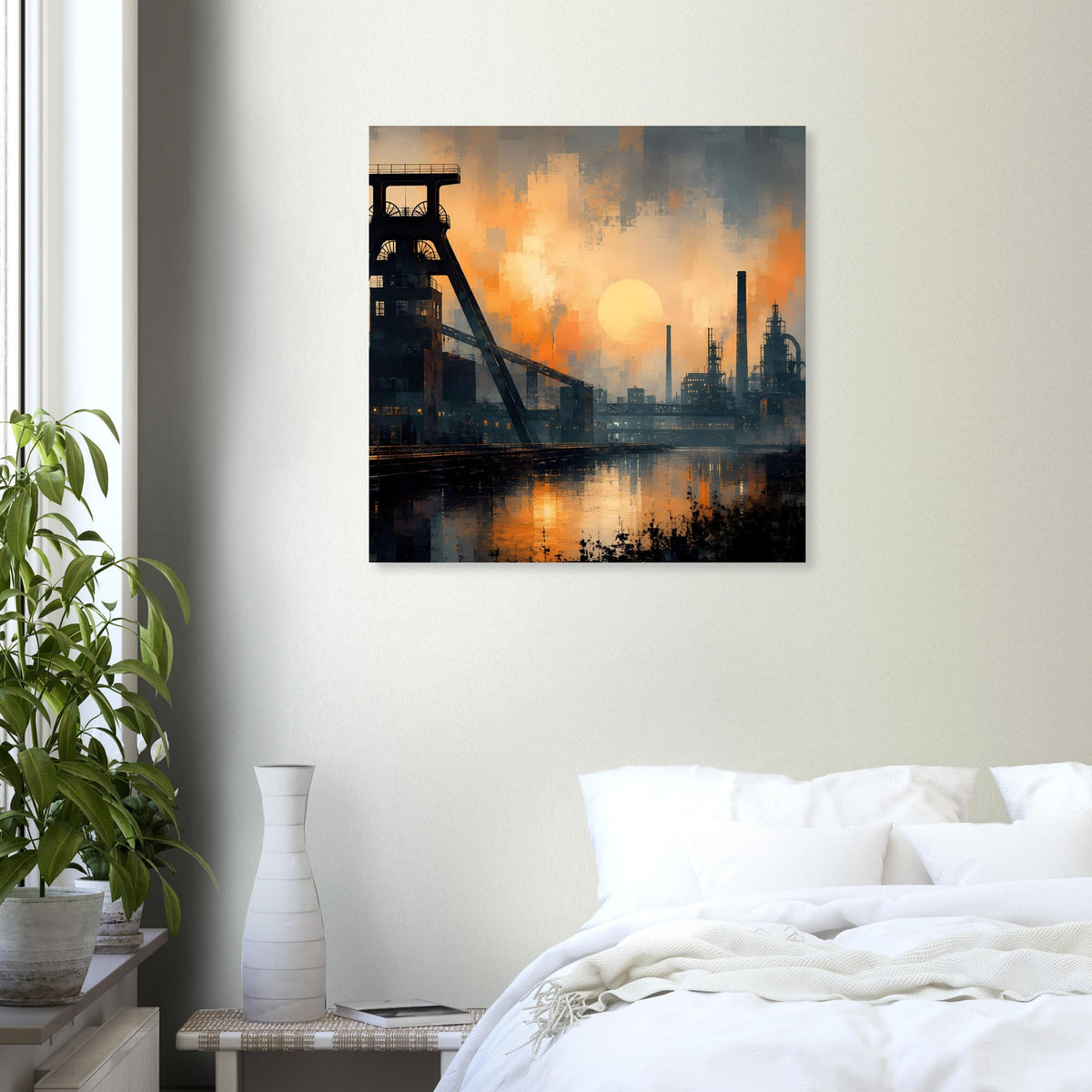 Industrie-Dämmerung-Panoramaposter: Hafenlandschaft mit Kran, Nebel und warmem Himmel