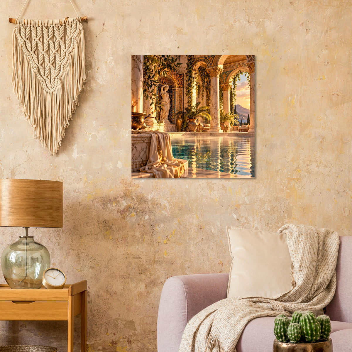 Wandposter mit Säulenhalle und goldfarbenem Licht über Wasser