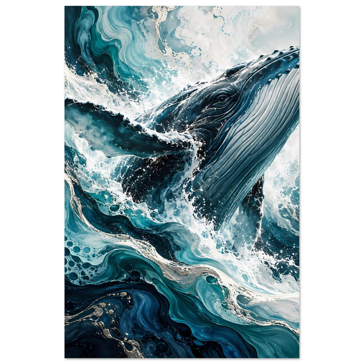 Kunstposter im Hochformat: Wal ragt aus den Wellen, dunkles Blau und Wasserwirbel
