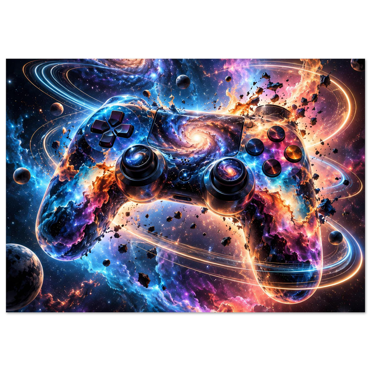 Galaxy-Poster im Querformat: Gamecontroller-Motiv mit leuchtenden Planeten und Sternen
