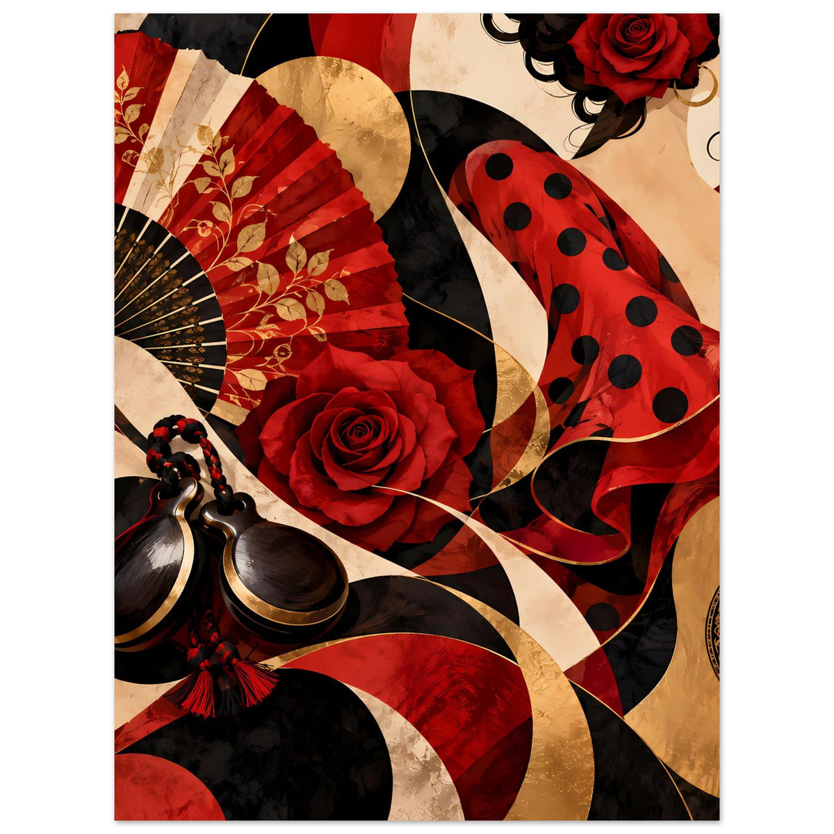 Flamenco-Poster: roter Fächer, Rose, gepunkteter Rock, Gitarrensaiten rechts