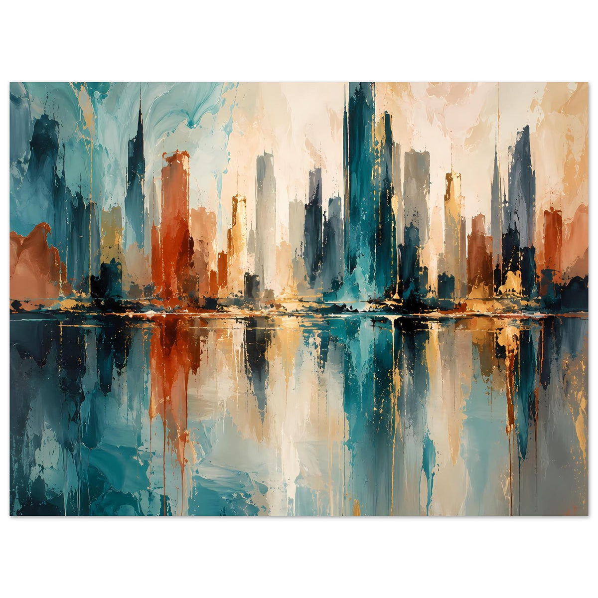 Abstraktes Skyline-Poster, Vorderansicht mit Spiegelung, Blau, Gold und Rostfarben
