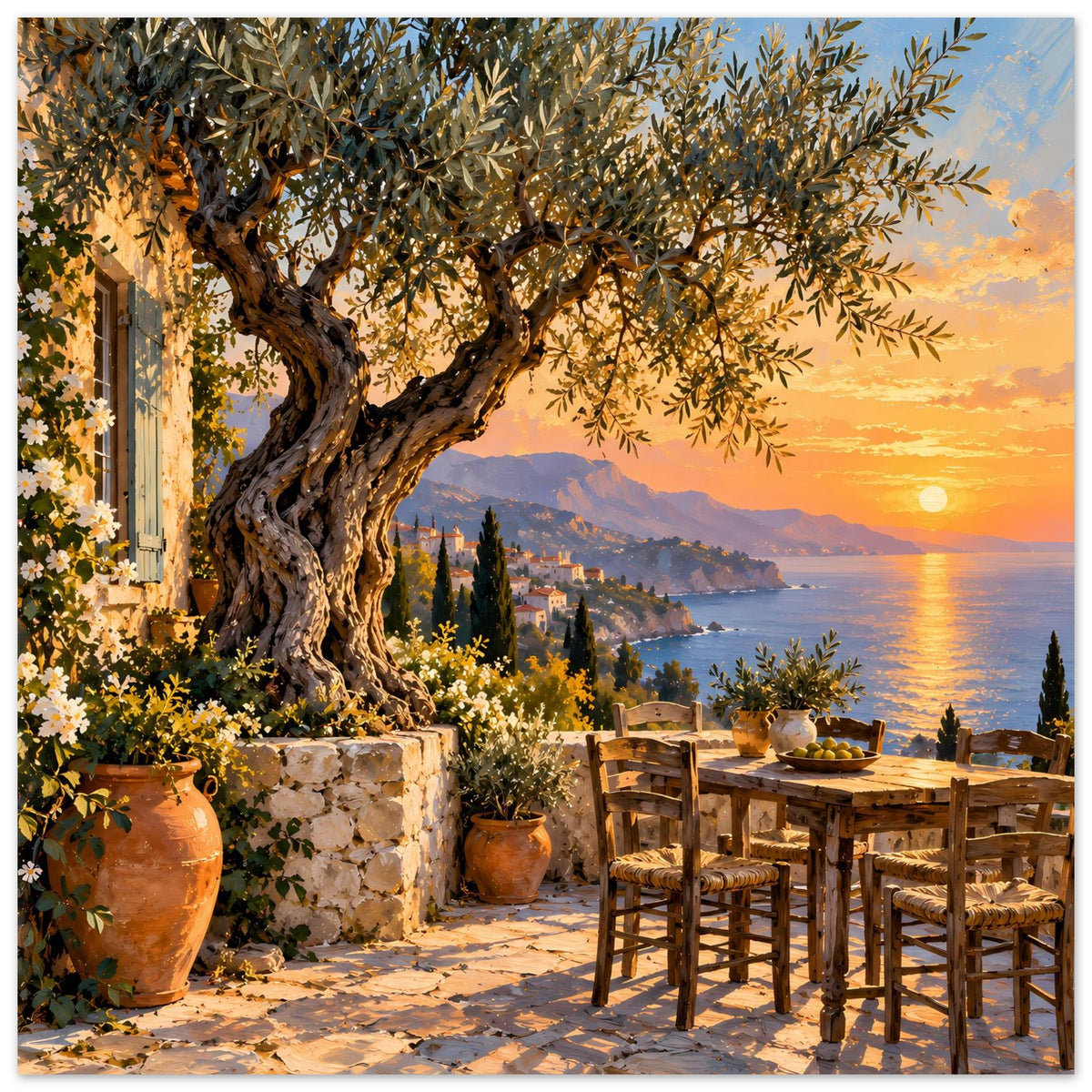 Mediterranes Sonnenuntergangs-Poster mit knorrigem Olivenbaum, Küste und Esstisch