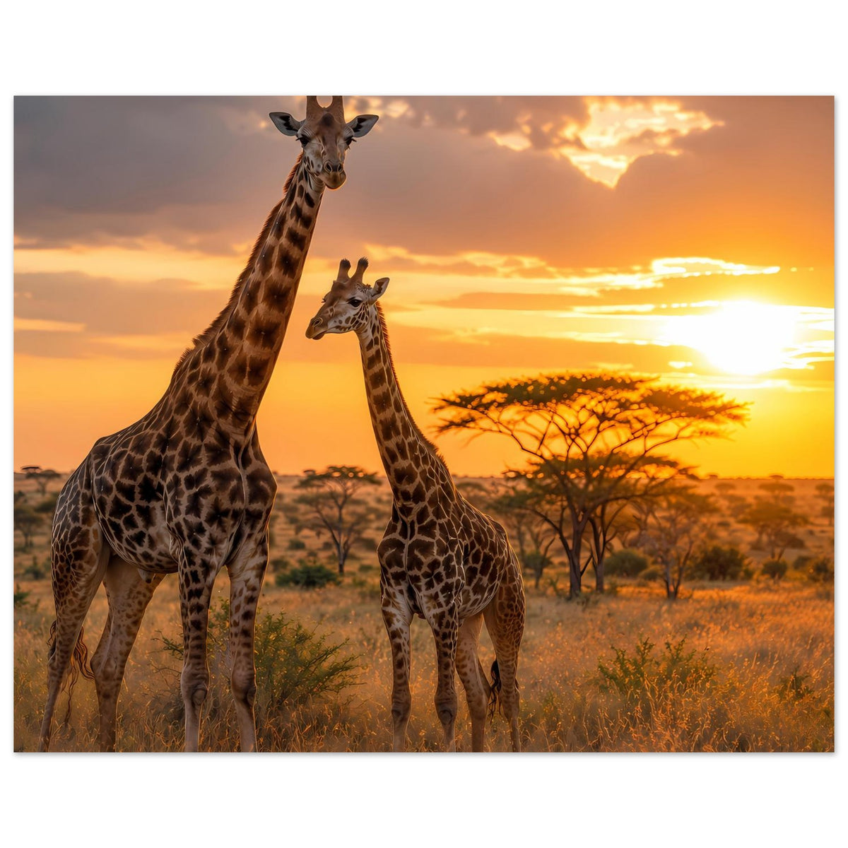 Poster mit drei Giraffen im Sonnenuntergang, erkennbares Muster an den Hälsen