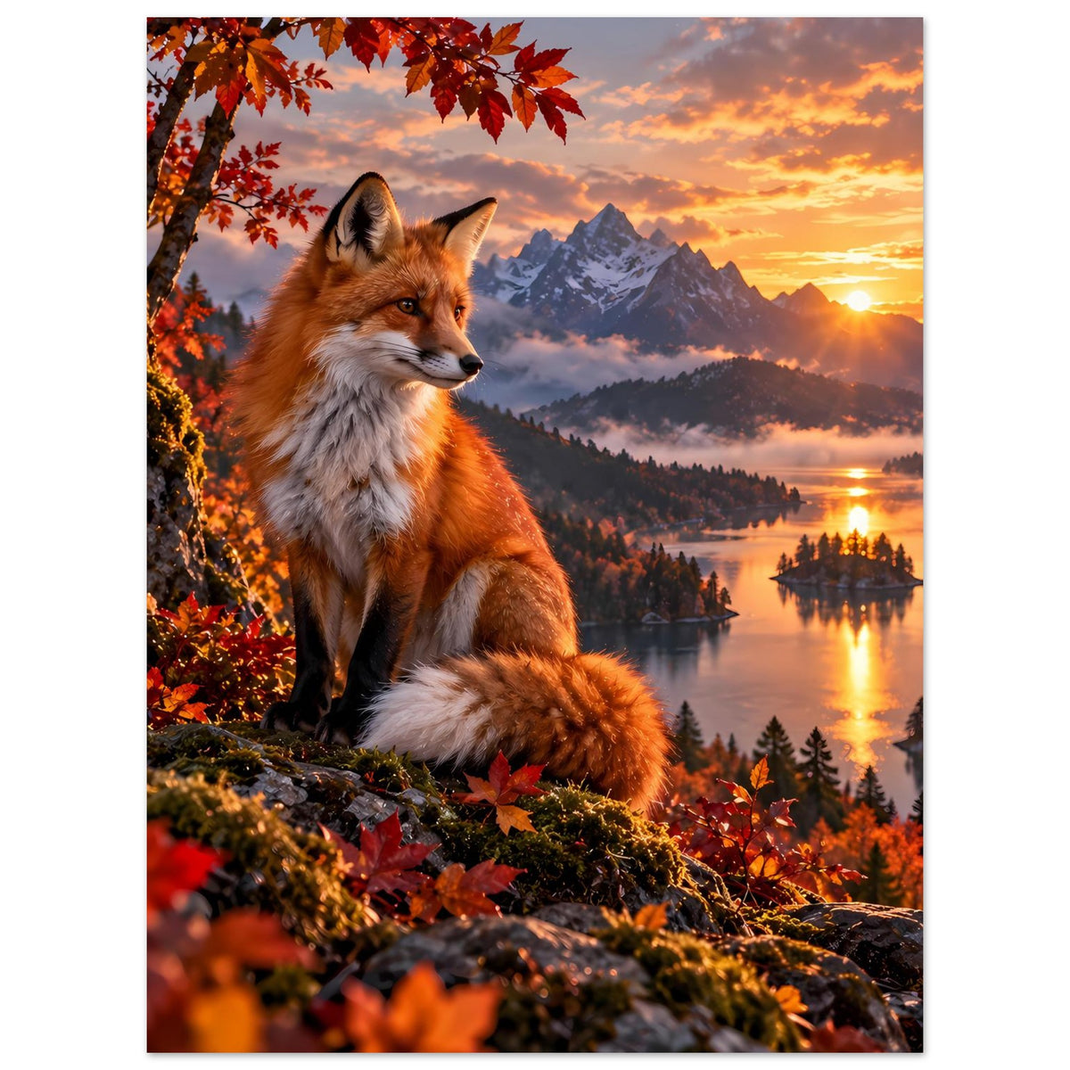 Naturposter: Rotfuchs im Laub, Berge im Hintergrund, ruhiger See und warmer Abendhimmel