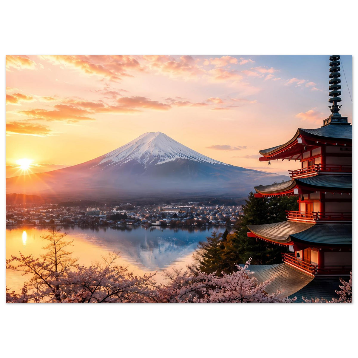 Japanisches Landschaftsposter mit Fuji und rotem Tempel, Kirschblüten im Vordergrund