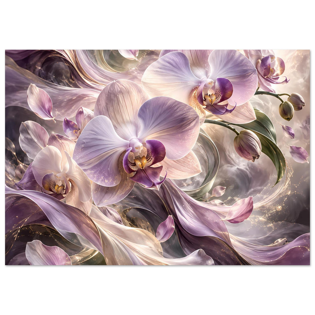 Horizontales Blumenposter mit zentraler violetter Orchidee und cremefarbenen Nebenblüten