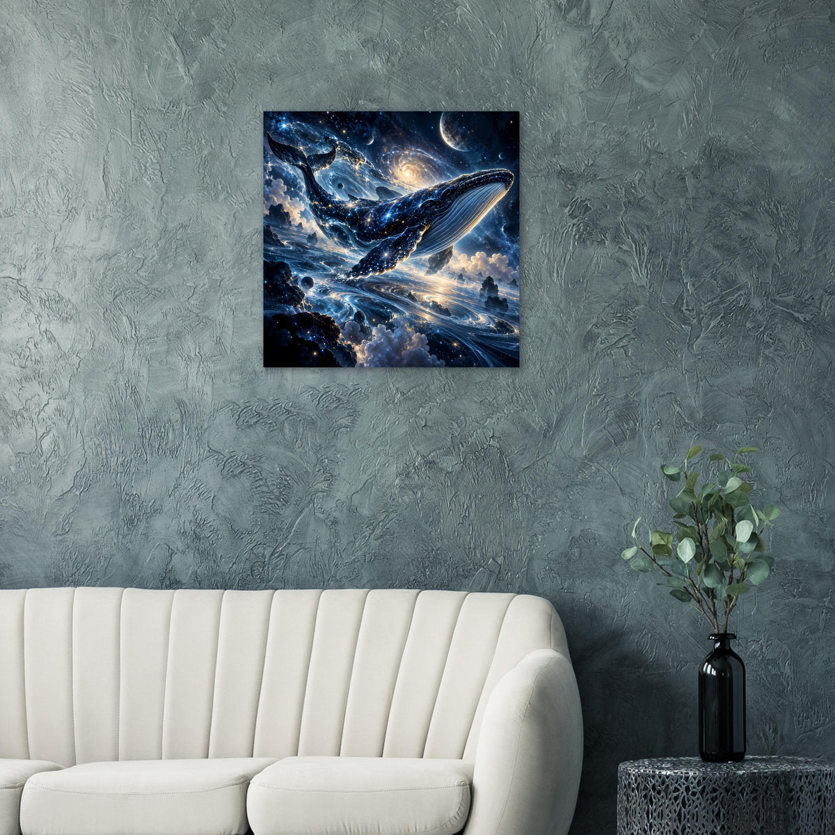 Kosmisches Poster: Wal im Sternenmeer, Himmelskörper und Nebel in Blau- und Goldfarben