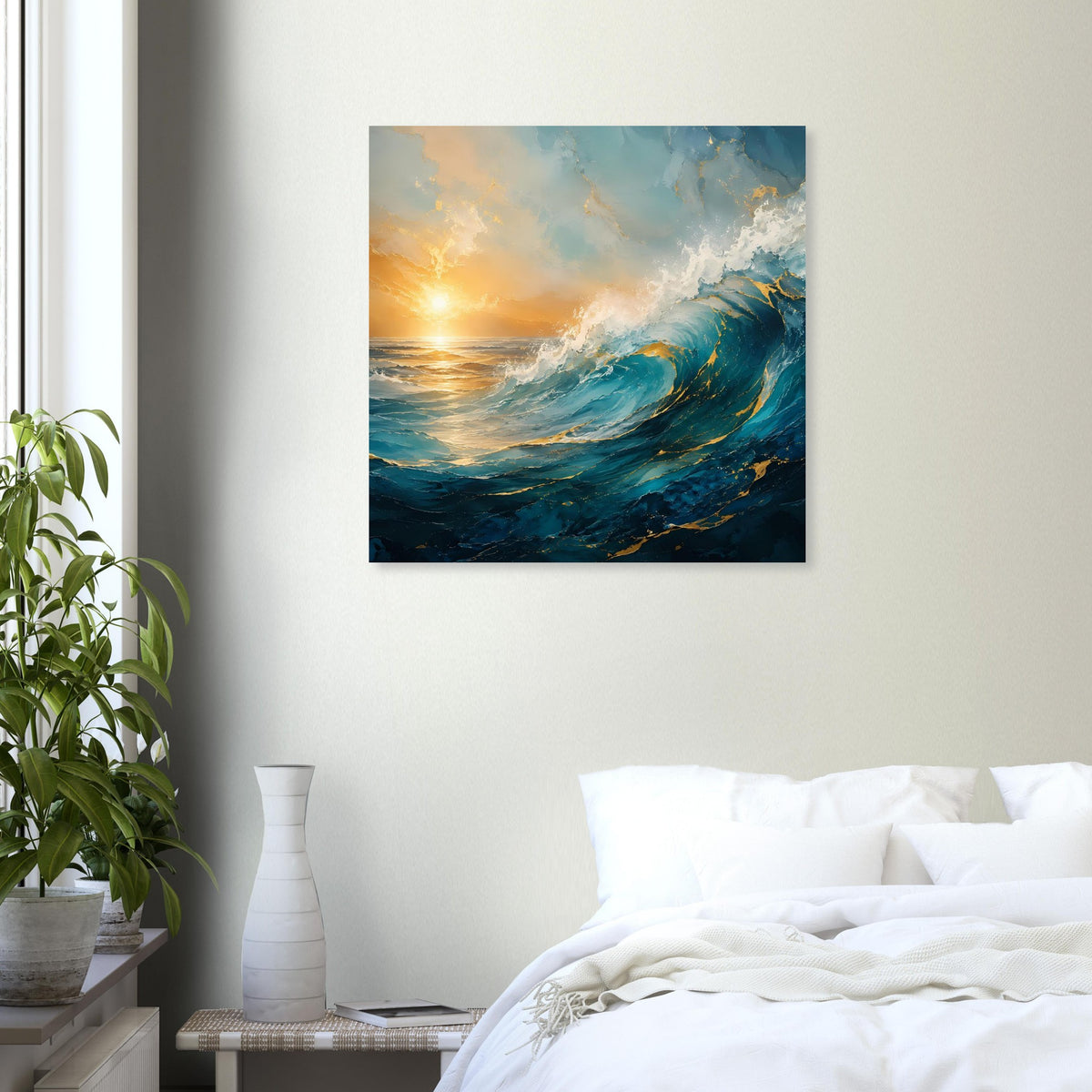Wandposter mit Meereswellen, Sonnenaufgang im Gelb-Orange und Wolkendunst