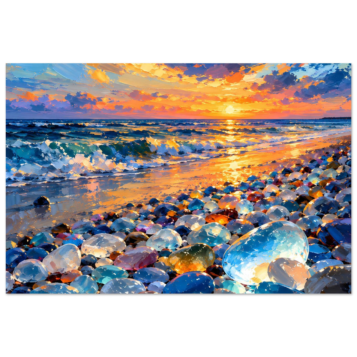 Querformat-Poster mit Abendhimmel, Sonnenreflexen auf Wasser und schimmernden Glassteinen