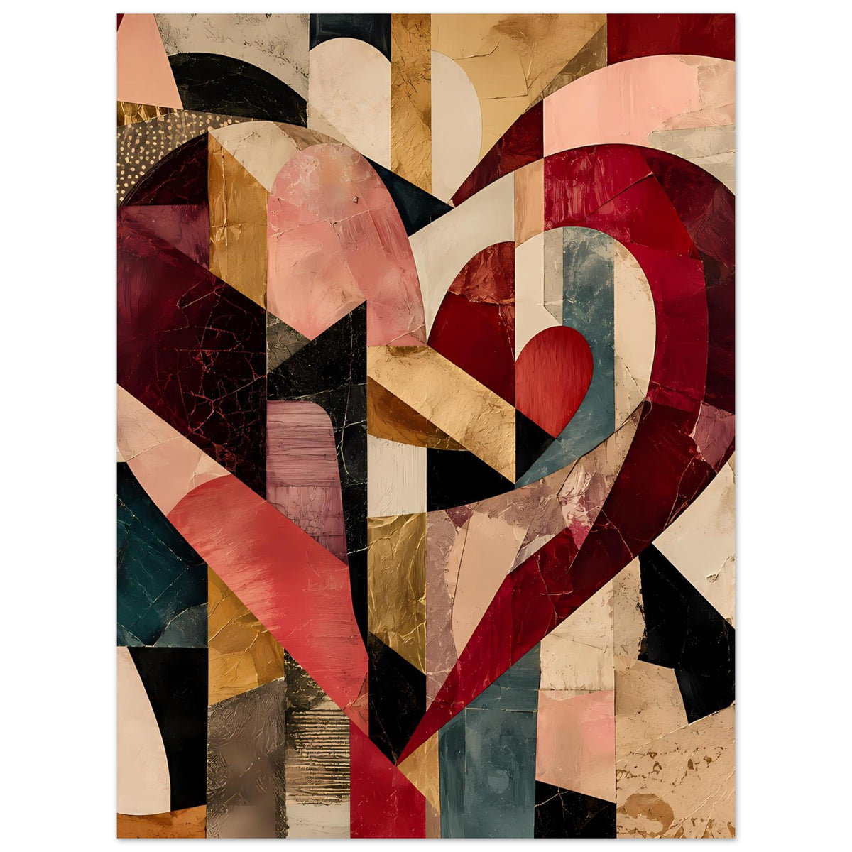 Abstraktes Herz-Cubist-Poster mit geometrischen Flächen in erdigen Tönen und tiefem Rot