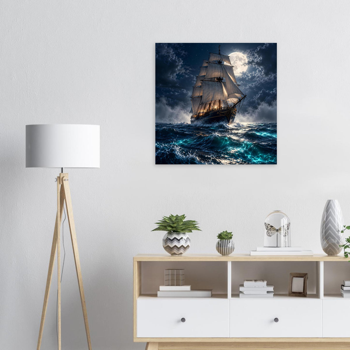 Quadratisches Poster mit Segelschiff bei Nacht und Mondschein über stürmischer See
