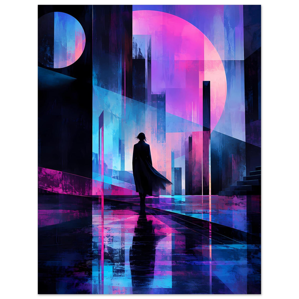 Neon-Stadtposter: Frauensilhouette vor leuchtender Skyline, blau-pinke Neonlinien und Portalbogen.
