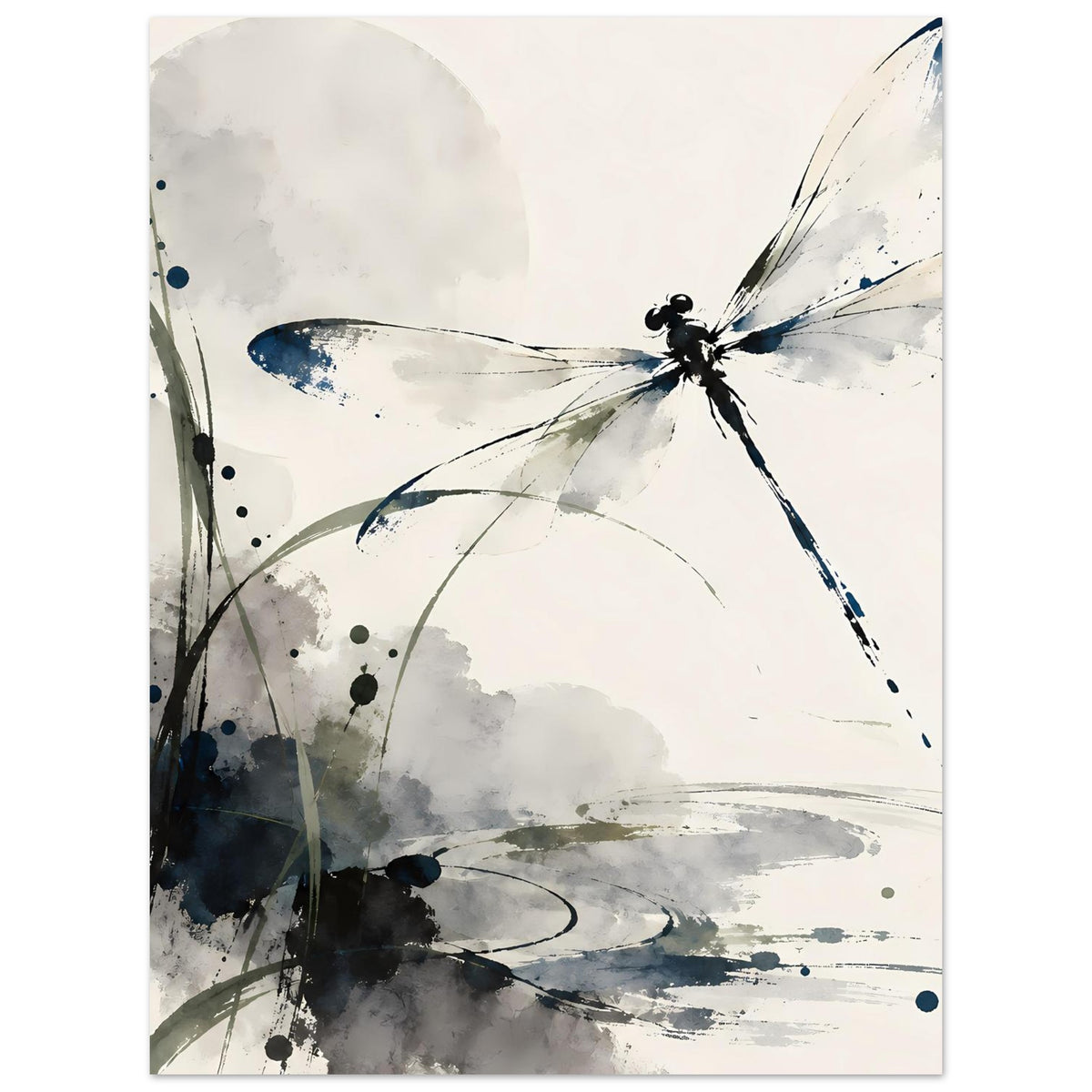 Aquarell-Poster mit Libelle in Blau und Grau, abstrakte Pinselbahnen und Spritzer
