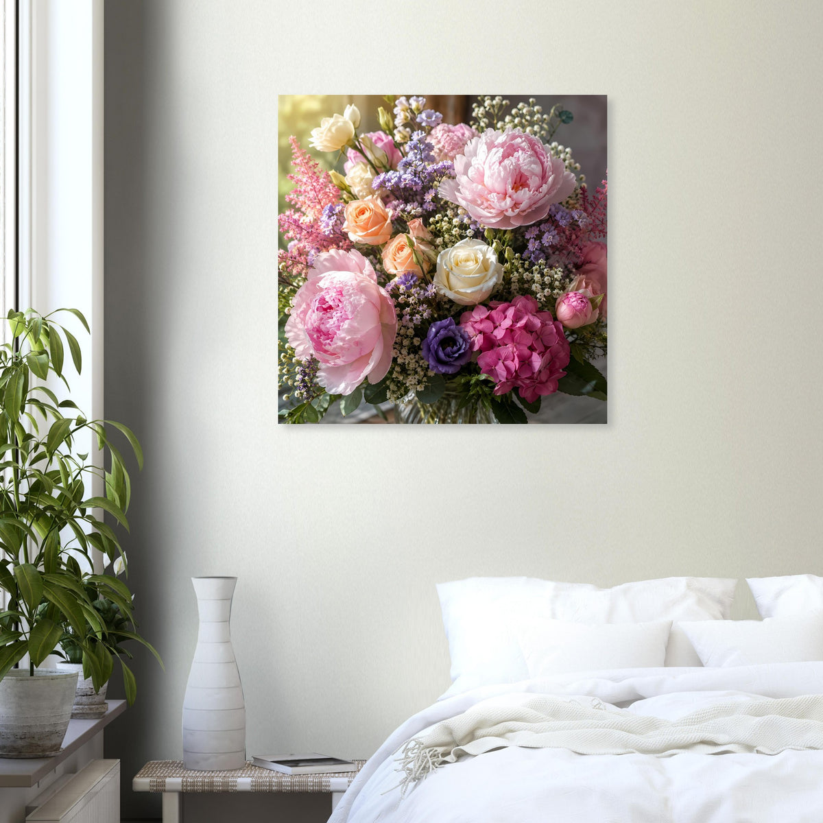 Quadratisches Blumenposter mit üppigem Strauß in Rosa, Lila, Gelb und Grün