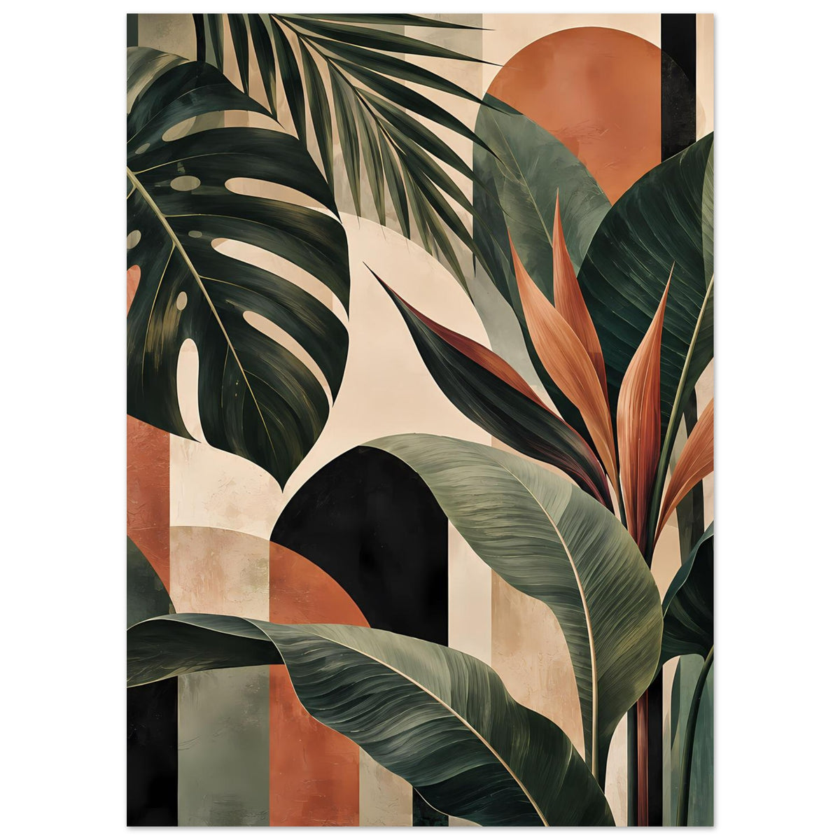 Gerahmtes botanisches Kunstposter mit tropischen Blättern in Grün, Rostorange und Creme, großflächig