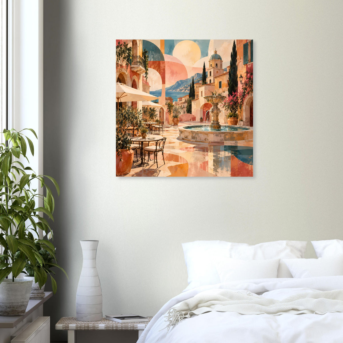 Quadratisches Poster mit mediterranem Platz, Brunnen und bunten Gebäuden in Pastellfarben