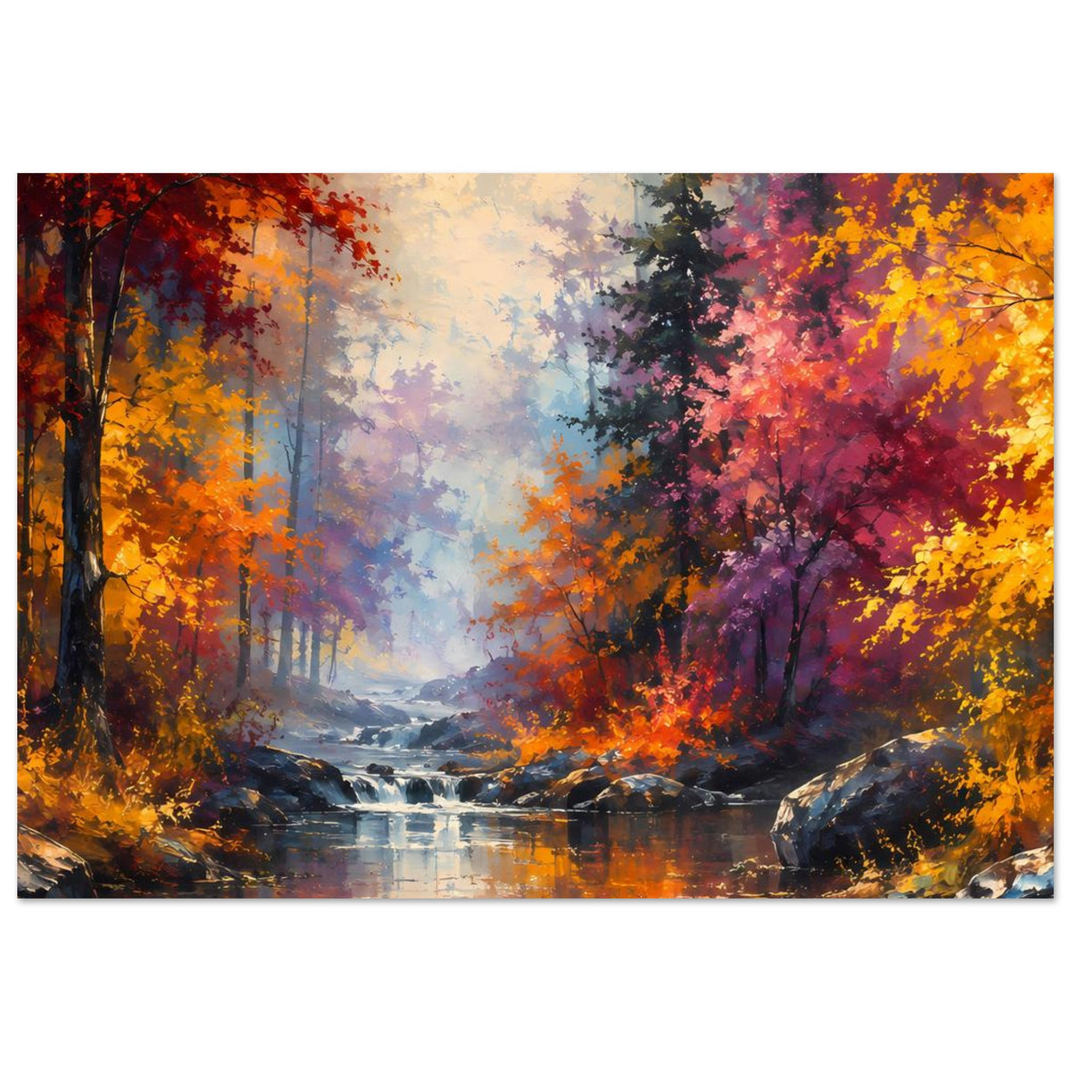 Querformatiges Poster mit Herbstwald, Wasserfall im Vordergrund und reflektierendem Fluss