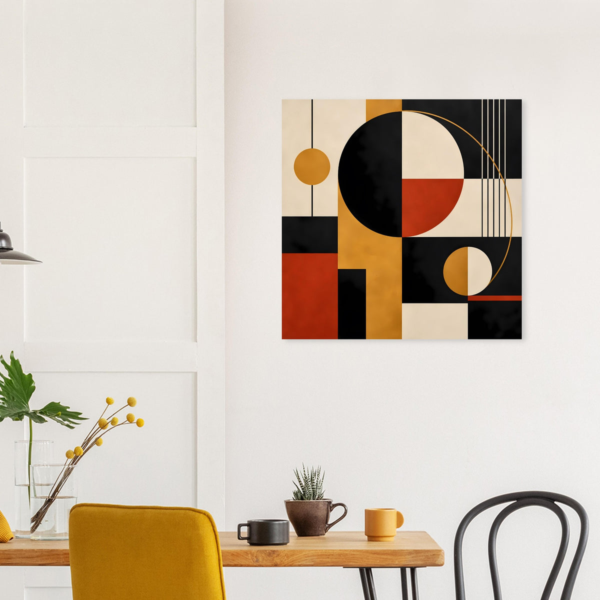 Abstrakter Kunstdruck mit geometrischen Kreisen, Linien und Blockfarben in Schwarz, Rot und Beige.