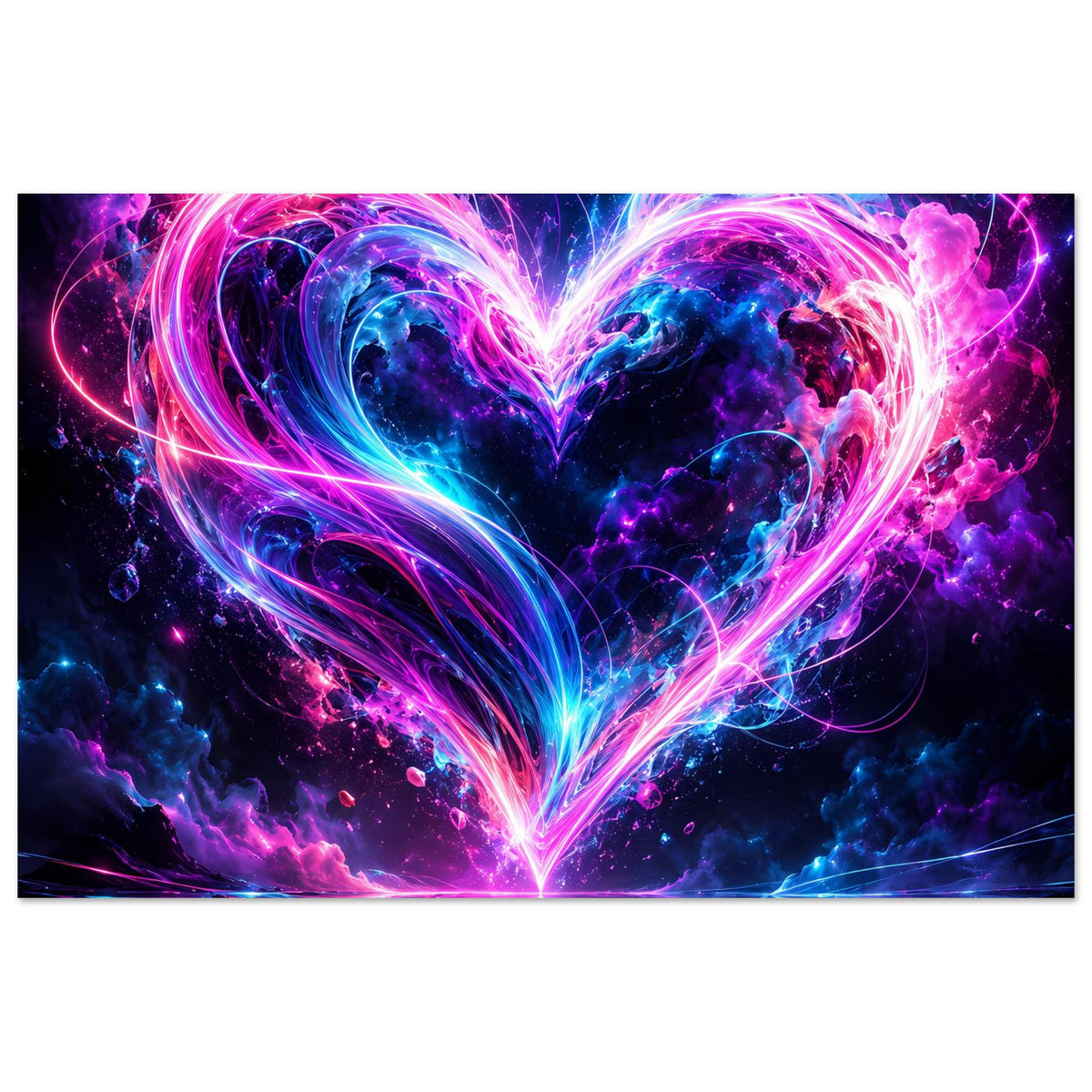 Modernes Kunstposter mit leuchtendem Neonherz in Pink und Blau, horizontal