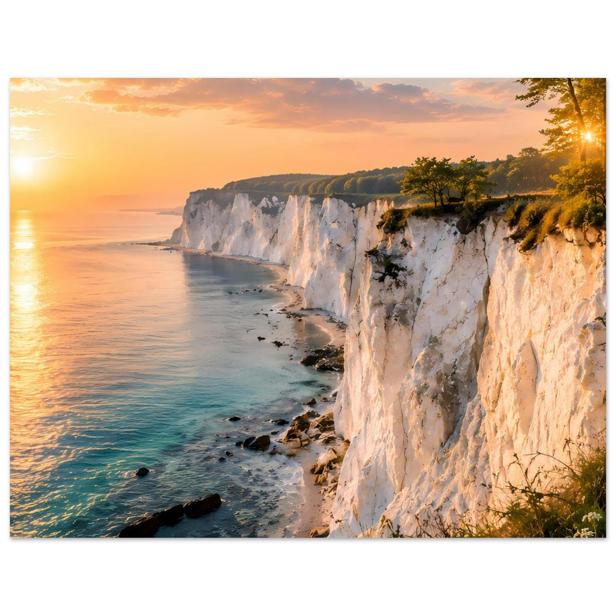 Horizontales Poster: Küstenklippe am Meer, ruhige Wellen und warmes Morgenlicht