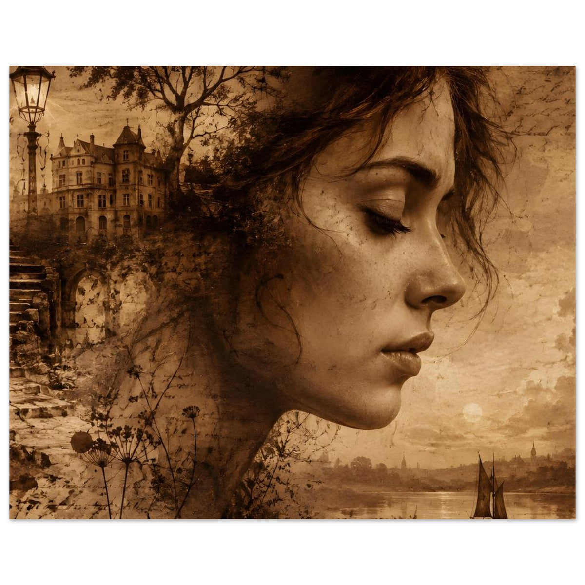 Sepia Poster im Querformat: Frauenprofil mit geschlossenen Augen, Segelboot und Fluss