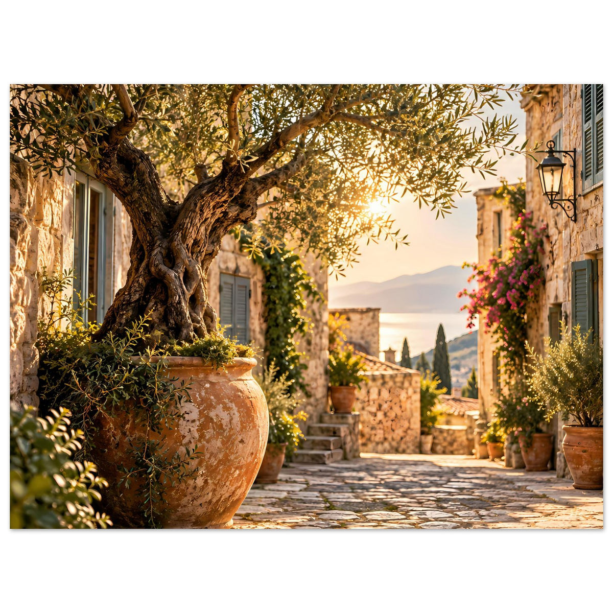 Mediterranes Poster: Olivenbaumzweige über Tontopf, warme Abendstimmung, mediterrane Fassaden.