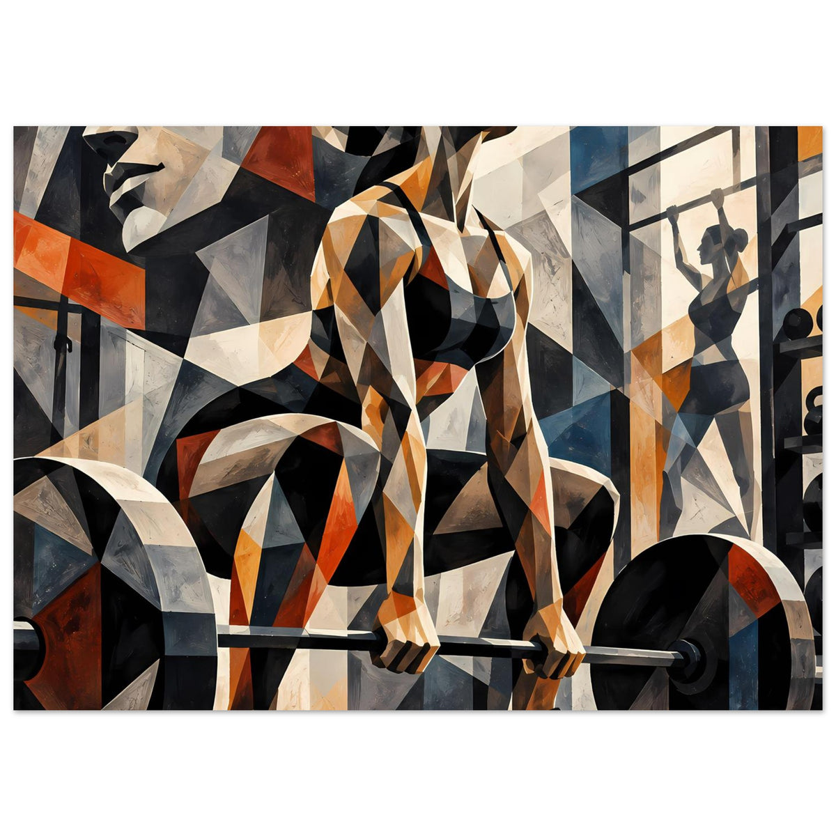 Gerahmtes Fitness-Poster mit abstrakten Figuren, Hantelstange und großen farbigen Polygonen