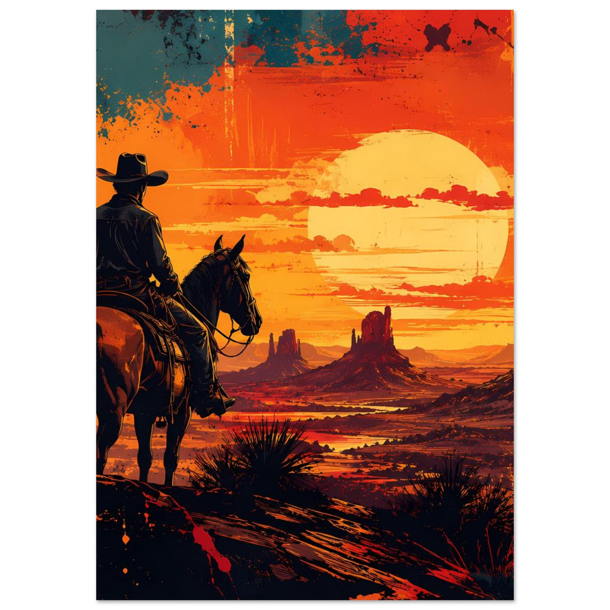 Vertikaler Cowboy-Druck mit Pferd, Wüstenfelsen und großer gelber Sonne in Orange-Rottönen