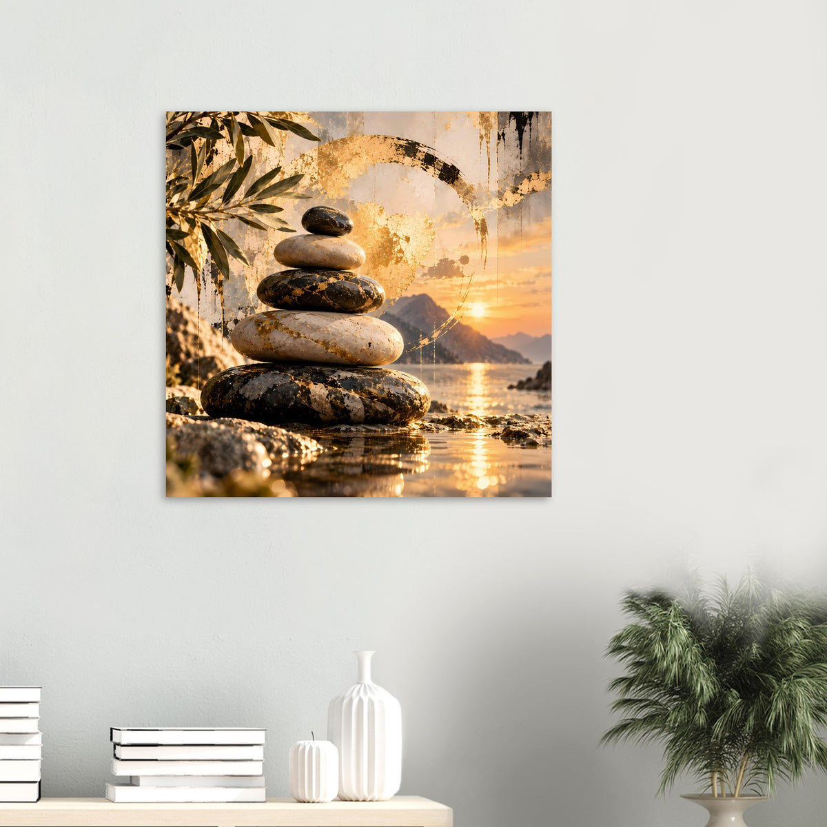 Quadratisches Poster: Steinstapel und Kreisgrafik, Sonnenuntergang am Wasser