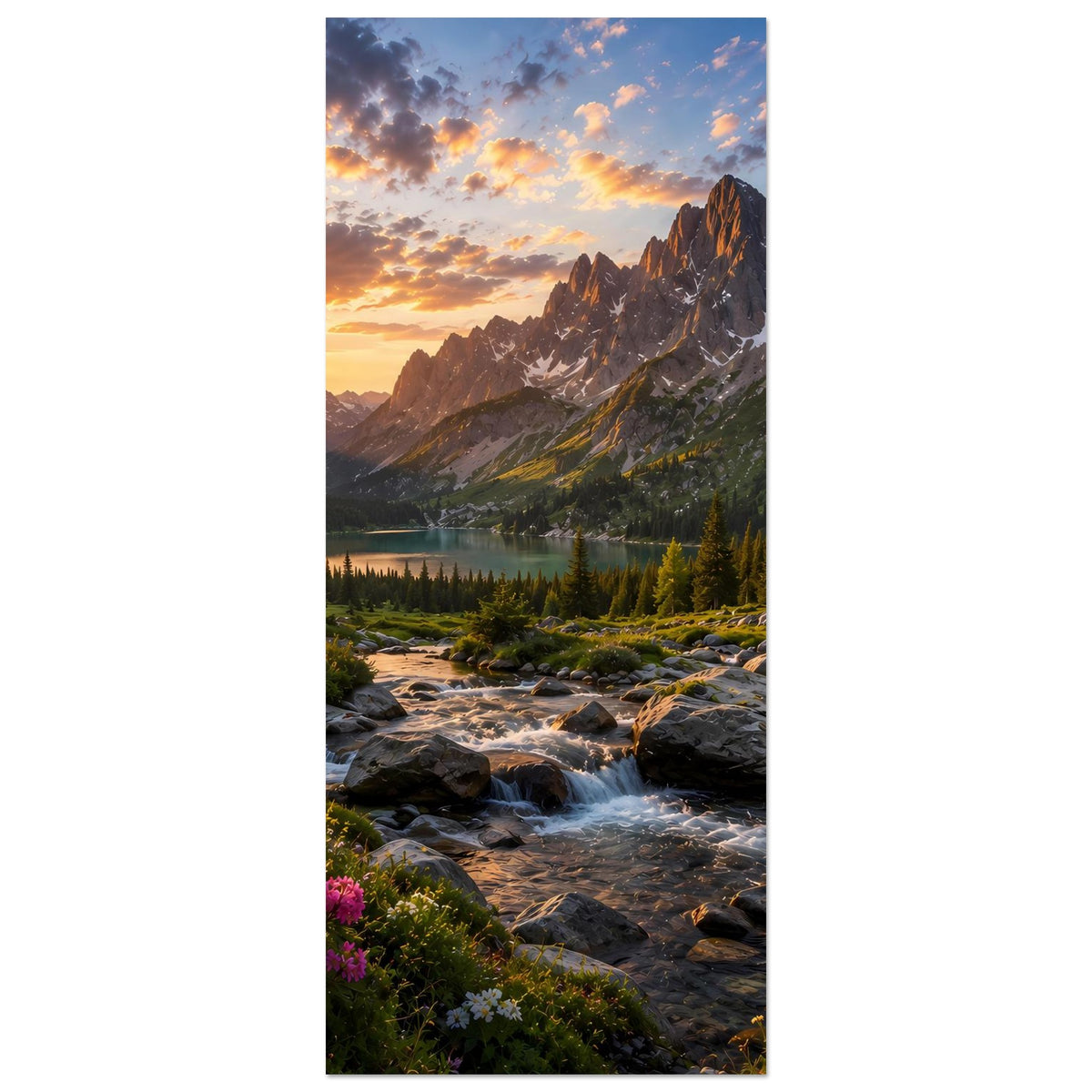 Hochformat-Landschaftsposter: Berge bei Sonnenuntergang, Bachlauf, Tannen und violette Blumen