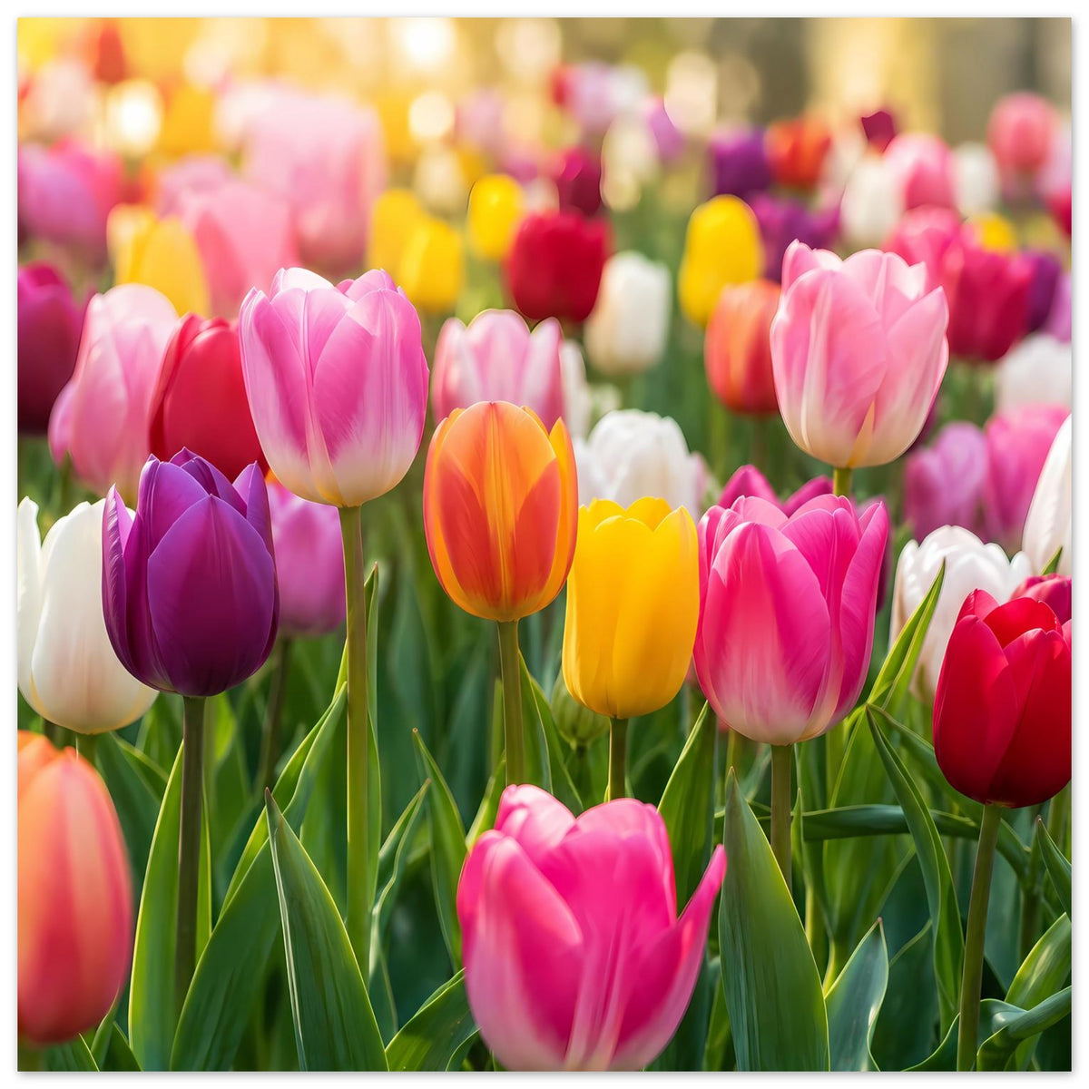 Tulpen-Blumenposter mit pinken, violetten und orangefarbenen Blüten, grünen Blättern