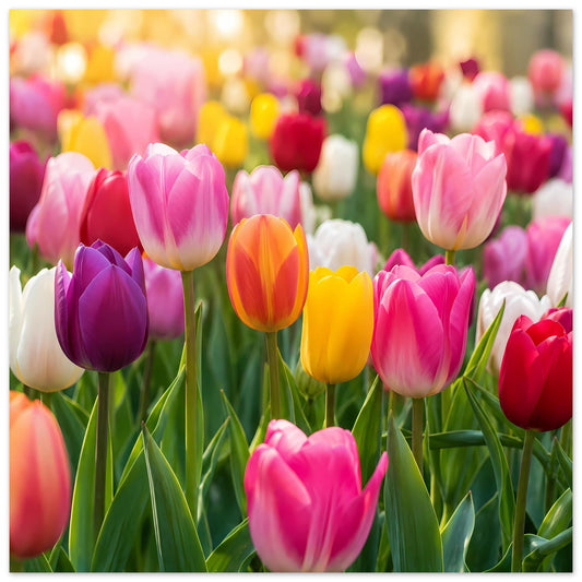 Tulpen-Blumenposter mit pinken, violetten und orangefarbenen Blüten, grünen Blättern