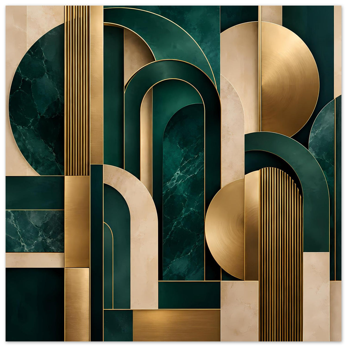 Art-Deco-Poster: gold, dunkelgrün und beigetöne mit geschwungenen Bögen, Säulen und Linien
