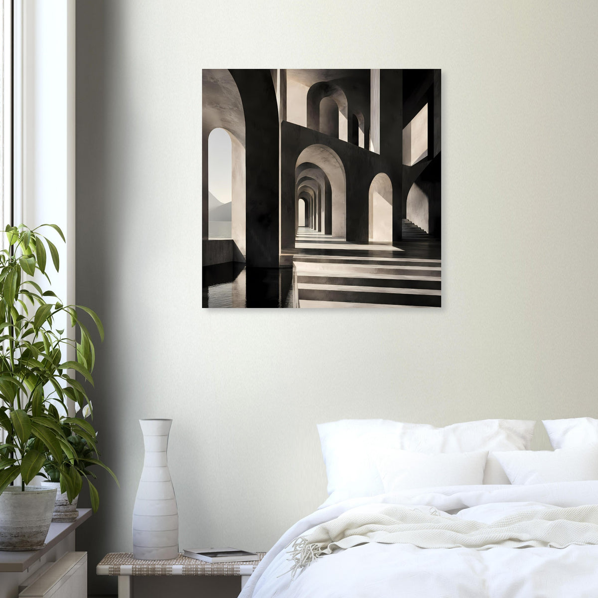 Gerahmtes Architektur-Poster an der Wand: schwarz-weiße Gewölbebögen mit Fluchtperspektive