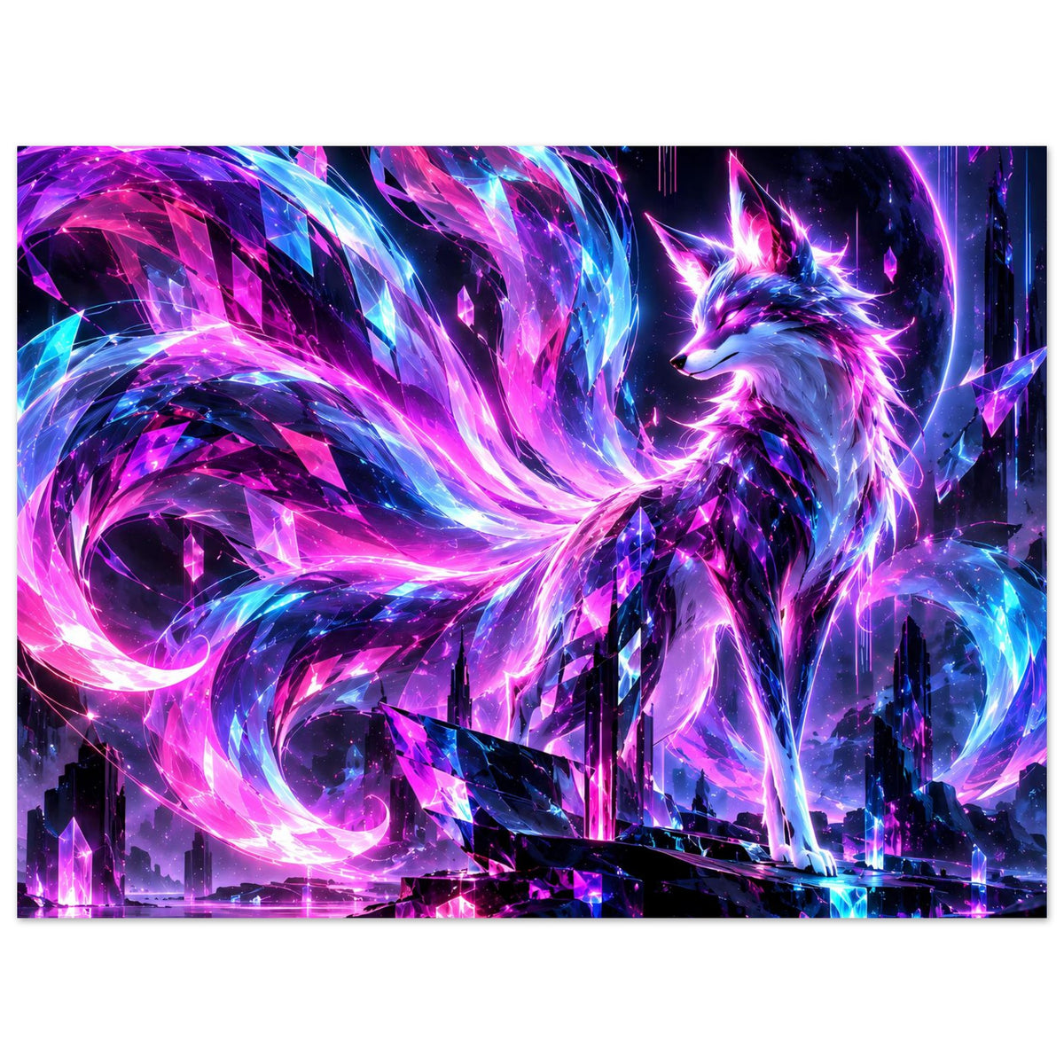 Querformat-Fantasy-Poster mit Neon-Fuchs, violett-blauem Lichtsog und leuchtenden Flammenlinien
